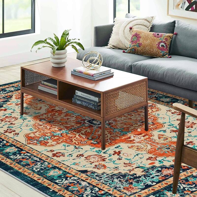 Boho Vintage Area Rug Machine Washable Low Pile Soft Floor Carpet