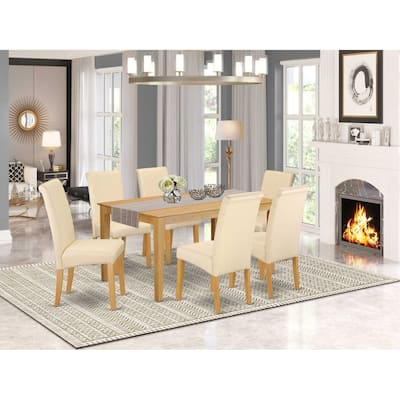 HomeStock 7-Pc Natural Oak Finish Solid Wood Top Dining Table with 6 Parson Chairs