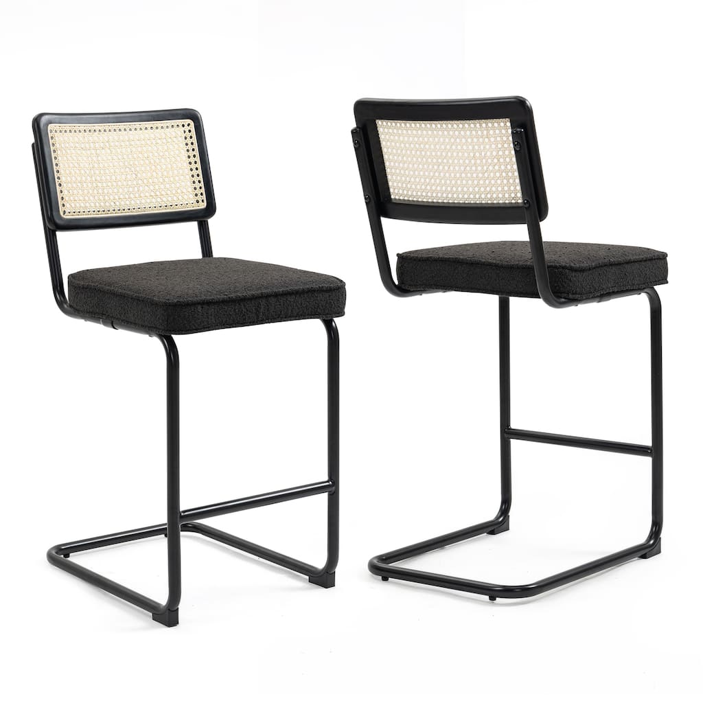 Set of 2 Ayers Black Fabric Counter Stool with Rattan Backrest and Black Steel Legs