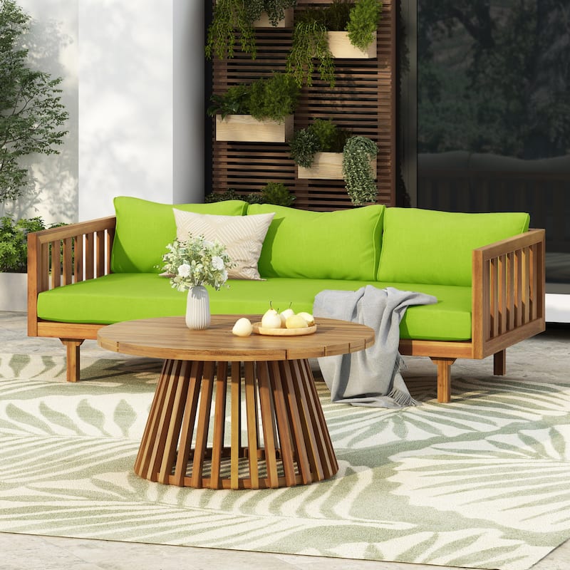 Christopher Knight Home - Claremont 3-Seater Daybed + Acacia Wood Table Patio Furniture Set - Teak Finish+Green