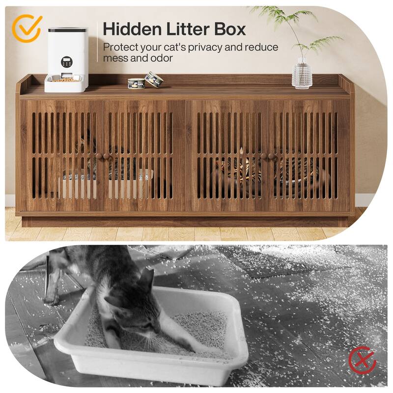 2 Cats Litter Box Enclosure, 55.1-Inch Extra Large Hidden Litter Box Furniture, Wooden XL Cat Washroom Furniture with Storage
