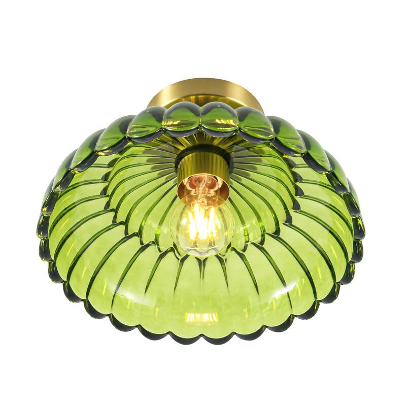 1-Light Vintage Brass Finish Metal Semi-Flush Mount Ceiling Light with Amber/Green/Grey/Clear Glass Shade for Kitchen, Hallway