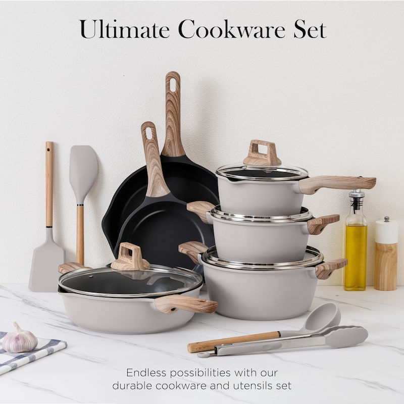 Country Kitchen 14 Piece Kitchen Cookware Set, Nonstick Cast Aluminum with Utensils, Sage