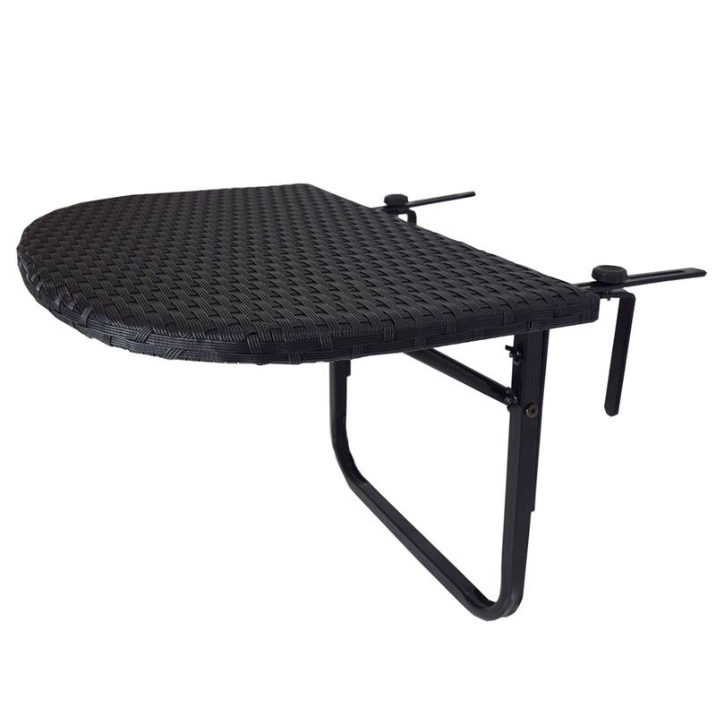 Indoor and Outdoor Foldable Wicker Balcony Table with Metal Frame and Adjustable Clamps - Black