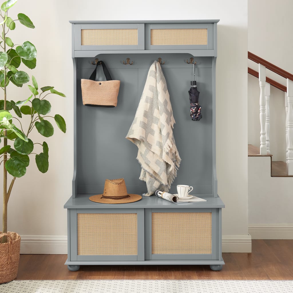 Modern Rattan Door Coat Rack Entryway Storage Bench with Shoe Storage Compartments and Open Shelves