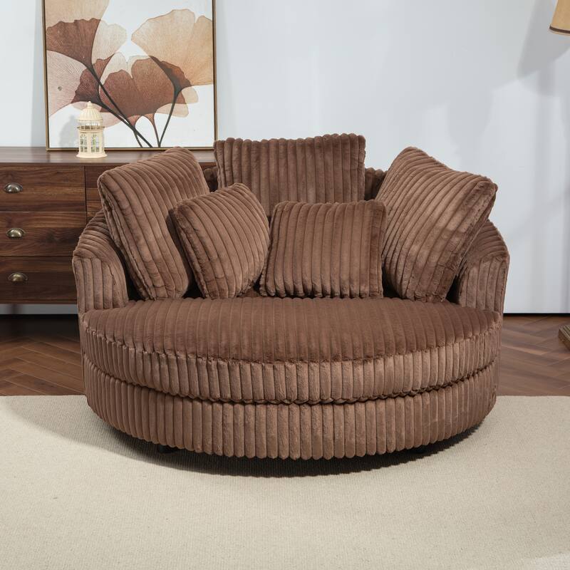 Modern Sofa Chair Round Accent Barrel Chair With 5 Pillows and Storage Ottoman