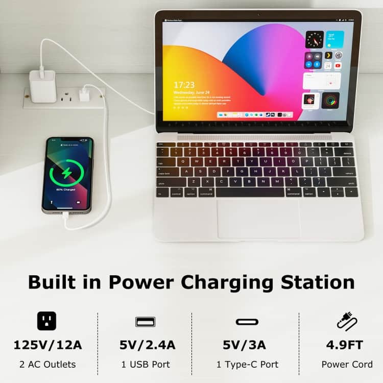 Modern White Computer Desk with Hutch & Charging Station 42.5'' MDF Workstation with USB