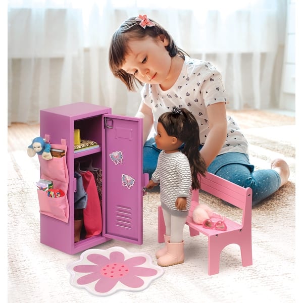 slide 2 of 8, Badger Basket School Style Single Doll Locker Set with Bench, Rug and Accessories - Purple/Pink
