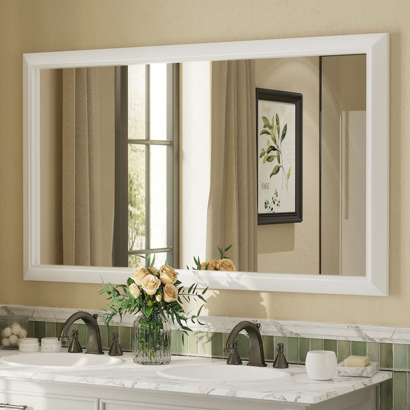 Beveled Metal Rectangle Framed Bathroom Vanity Tempered Glass Mirrors - 55" x 32" - White