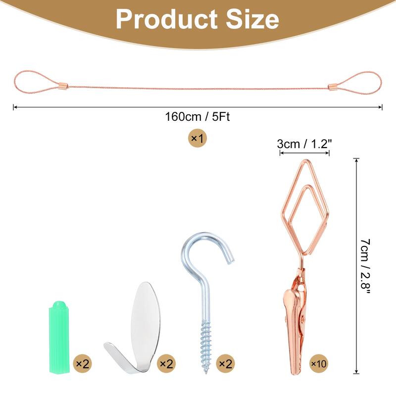 5Ft Wall Hanging Photo Display Cable Wire Rod with 10 Rhombus Clips - Rose Gold