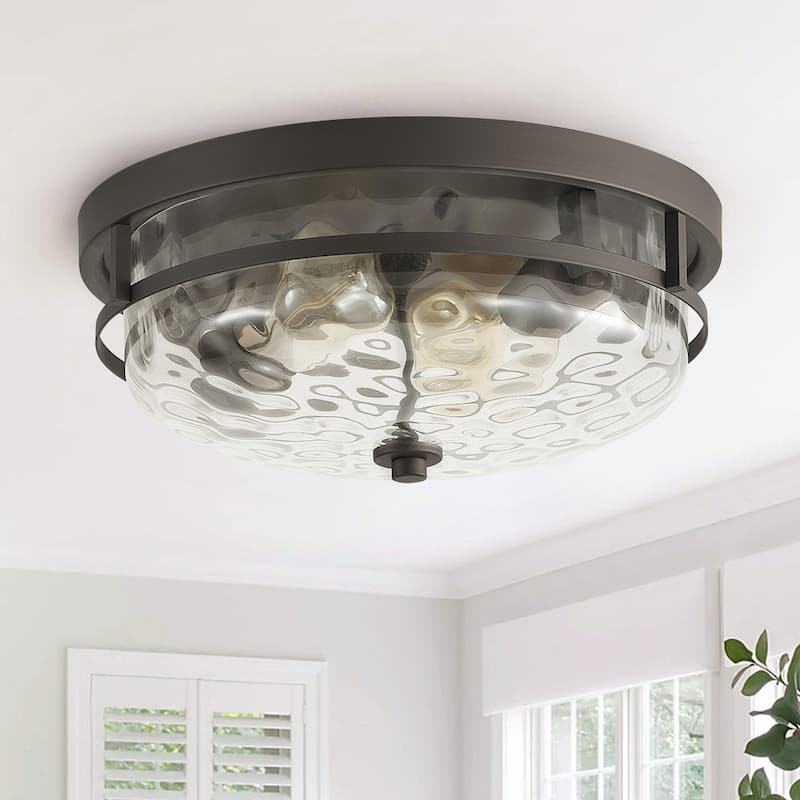 Vintage 2-Light Glass Flush Mount Drum Shape Stone Ripple Ceiling Lamp - Brown