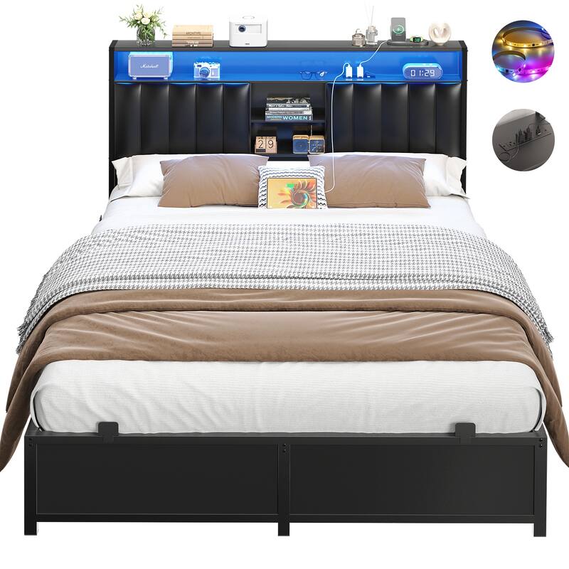 Upholstered Bed Frame with Storage Shelving, Platform Beds with Charge Station and LED Lights