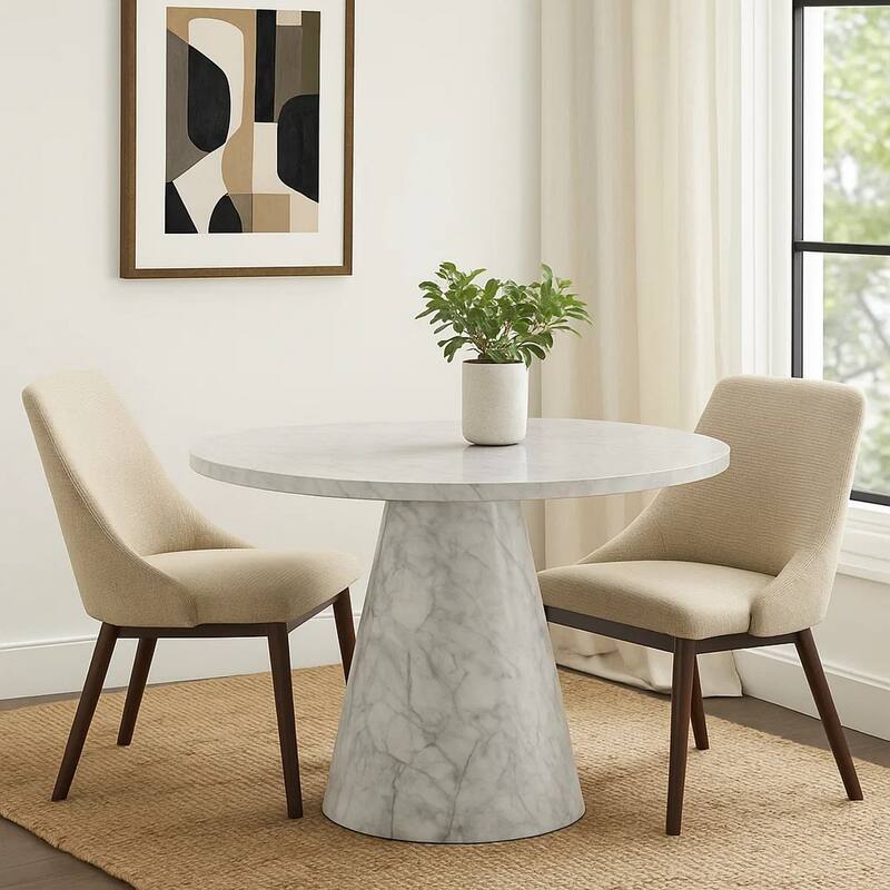 Kacie Round Dining Table, Pedestal Base, Light Gray Faux Stone 47 Inch