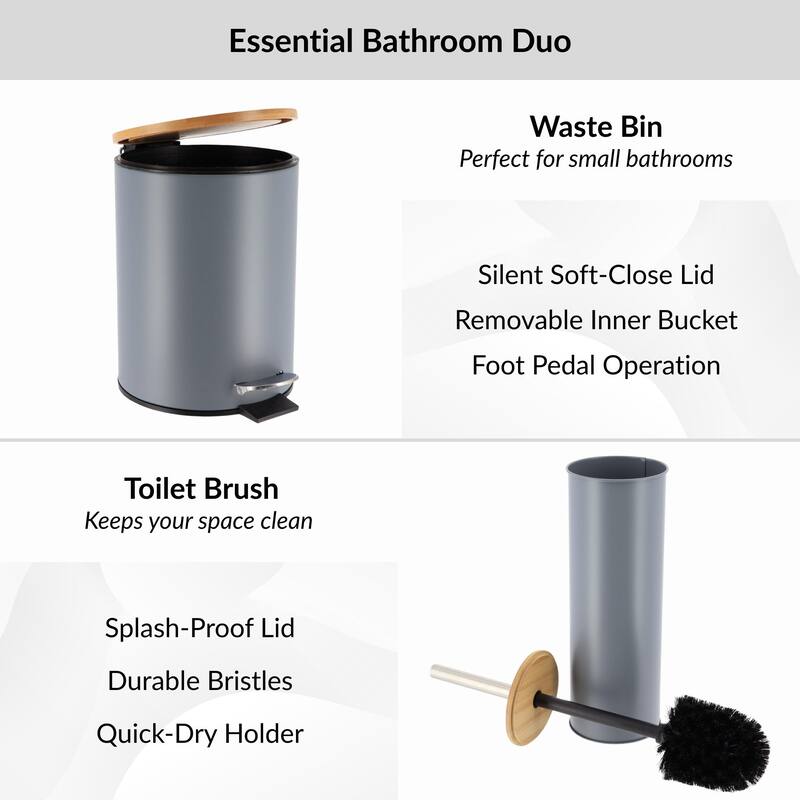 Bathroom Set with Bamboo Lid - Matte Metal Trash Can and Toilet Brush - 15.6" H x 11" L x 11" W