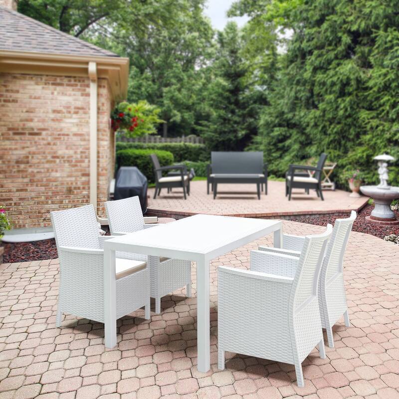 5-Piece White Patio Dining Set with Sunbrella Natural Cushion 55"