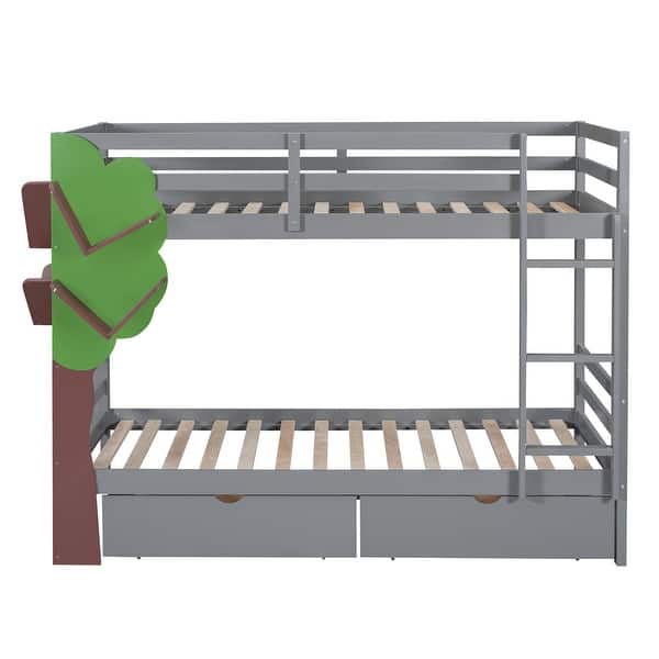 Space-Saving Twin-Over-Twin Bunk Bed with Tree Motif, 2 Drawers, White ...