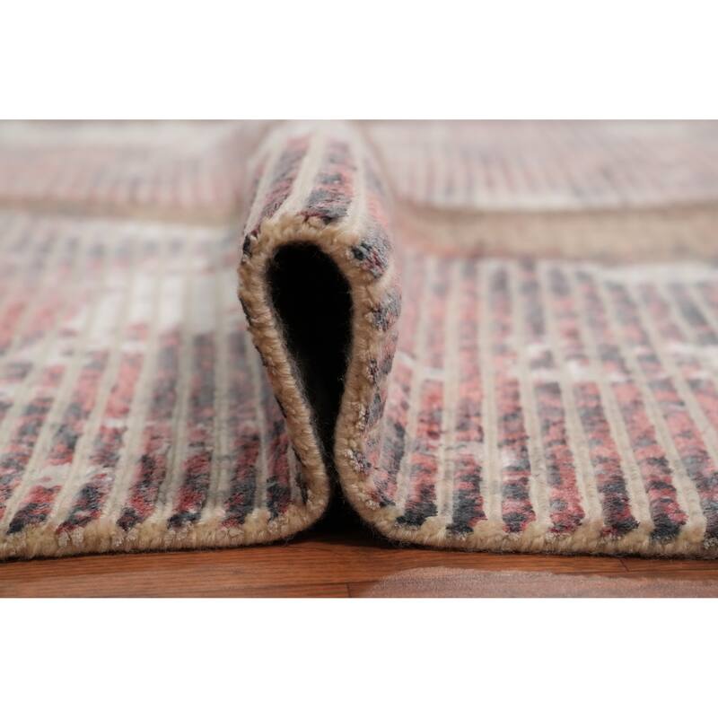 Hand Knotted Oriental Viscose Silk Carpet Modern Stripe Coral Abstract Area Rug - 6' 6'' X 4' 9''