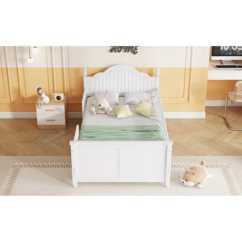 Roomfitters Twin/Full Platform Bed, Slatted Headboard and Removable Guardrails with Wooden Frame for Bedrooms or Guest Rooms