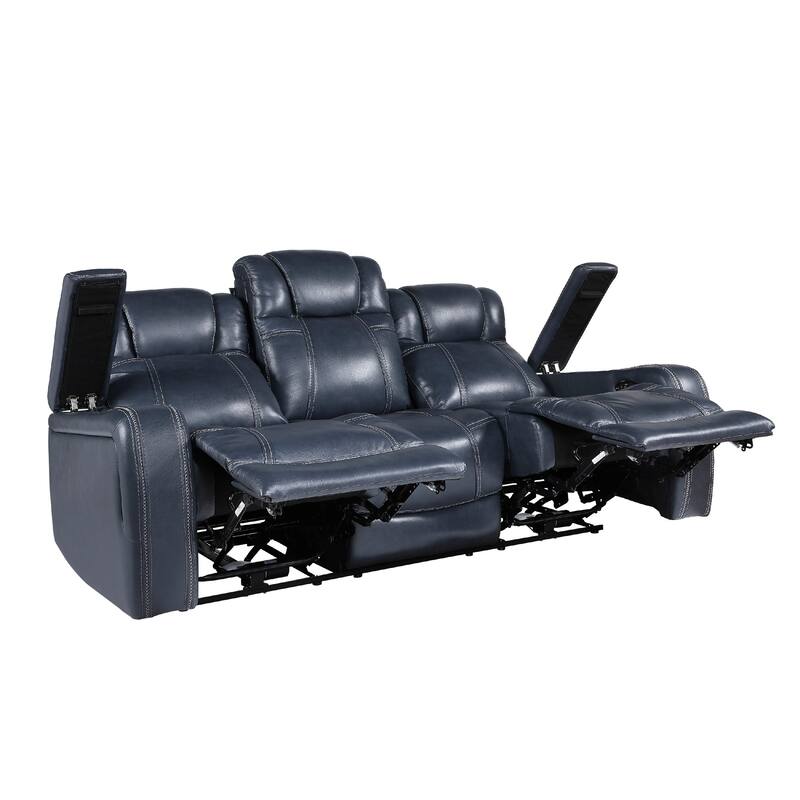 Ezia Power Double Reclining Sofa, Storage Arms, Blue Leather, 84 Inch