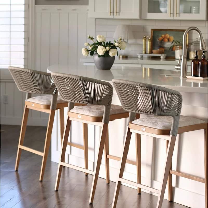 PURPLE LEAF Bar Stool Set of 2 Outdoor Rattan Bar Chair with Back Metal Bar Height Stool Wicker Barstool Dark Grey - N/A - Counter Height-Scallop Cushion