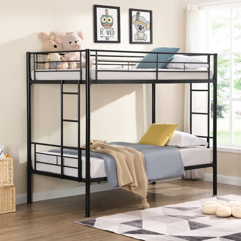 Black Twin over Twin Size Metal Bunk Bed with Ladder
