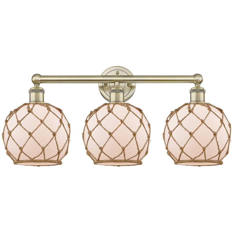 Innovations Lighting Endless Possibilities Edison - Farmhouse Rope - 3 Light 26" Bath Vanity Light - Antique Brass/White Glass with Brown Rope