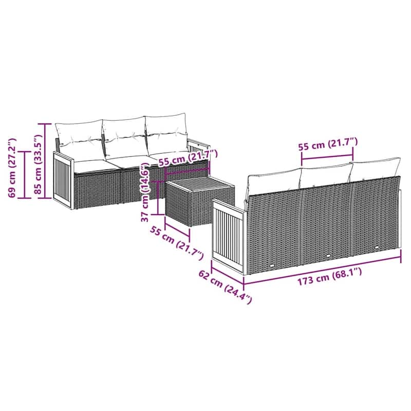 vidaXL Patio Sofa Set with Cushions Outdoor Furniture 7 Piece Poly Rattan - 21.7 x 21.7 x 14.6