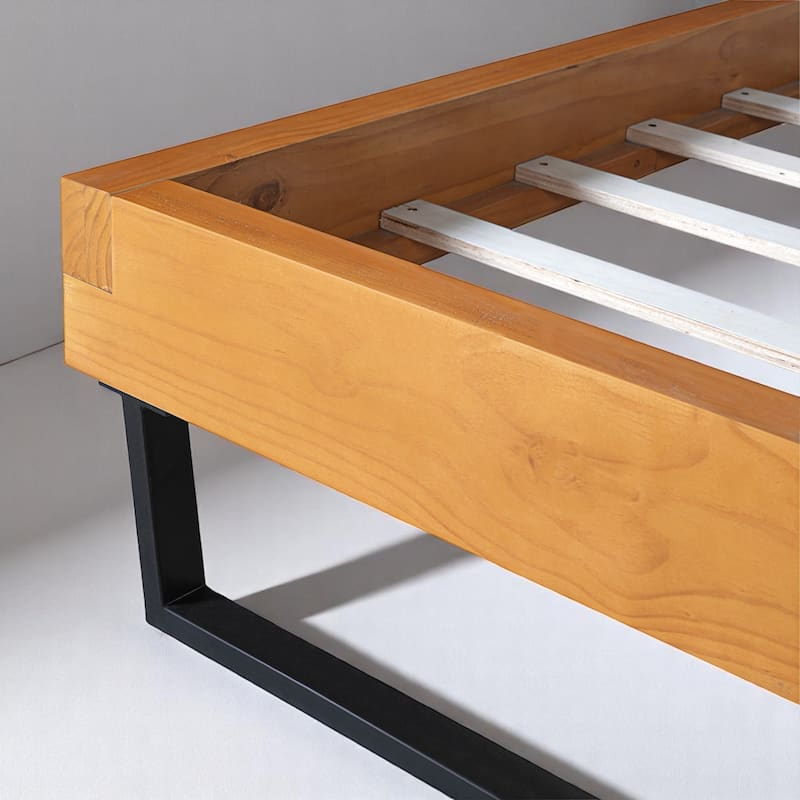 Queen/King Size Bed Frame with Headboard, Solid Pine Wood and Iron Platform Bed, Industrial Modern Design, No Box Spring Needed