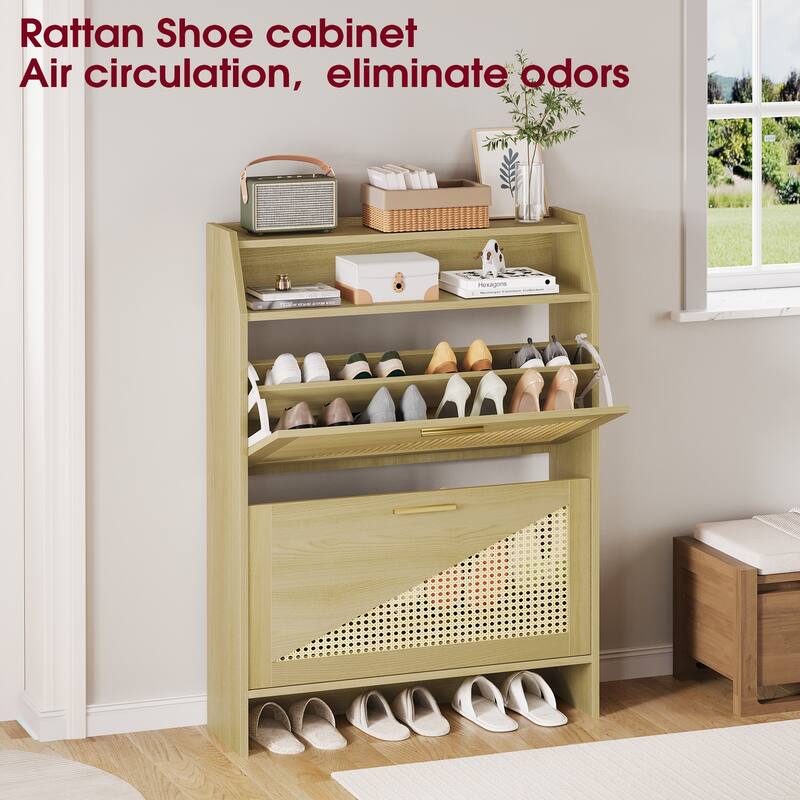 Rossetta Boho Chic 5-Flip Drawers Wooden Narrow Shoe Rack Organizer Cabinet with Visual Top Shelf