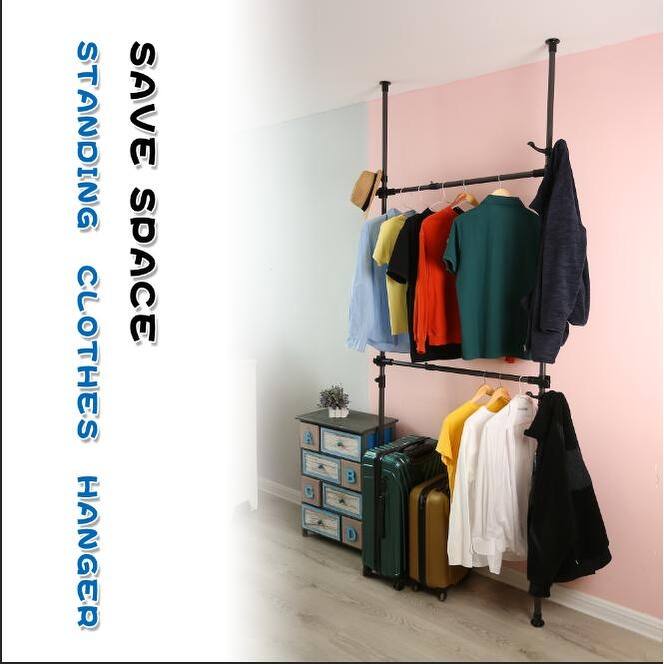 Telescopic Garment Rack, Movable DIY By Hand No Damage to Wall Ceiling Hanging Rail