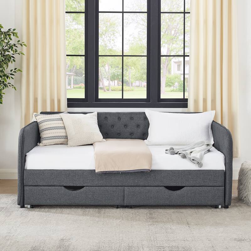 Upholstery Daybed with Trundle Bed and 2 Storage Drawers, Flat Arms with Pocket