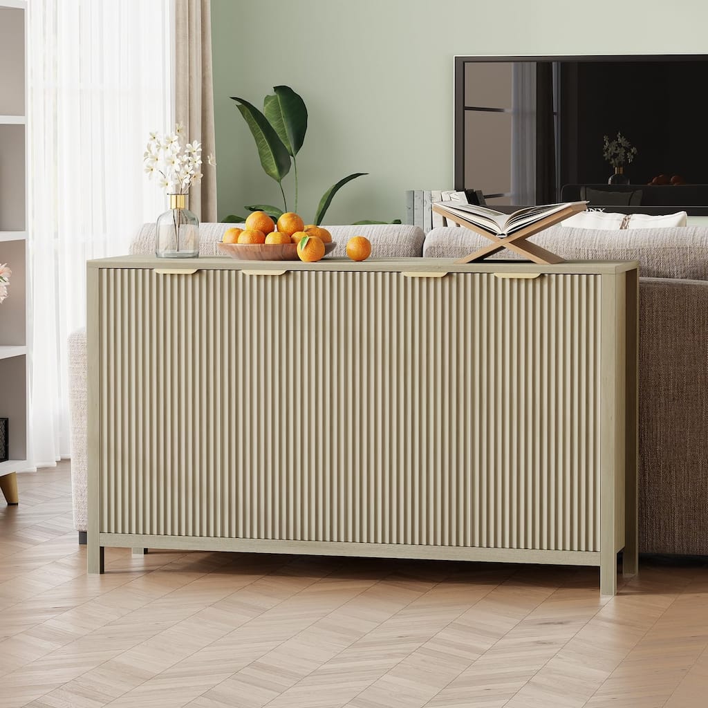 55" Modern Fluted Sideboard Buffet Cabinet with Storage, Wood Coffee Bar Buffet Table with 4 Doors & Adjustable Shelves