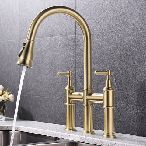 Vertical Two-Handle Deck-Mount Pull Sprayer Kitchen Faucet,Brushed Gold - 17.32" heigh