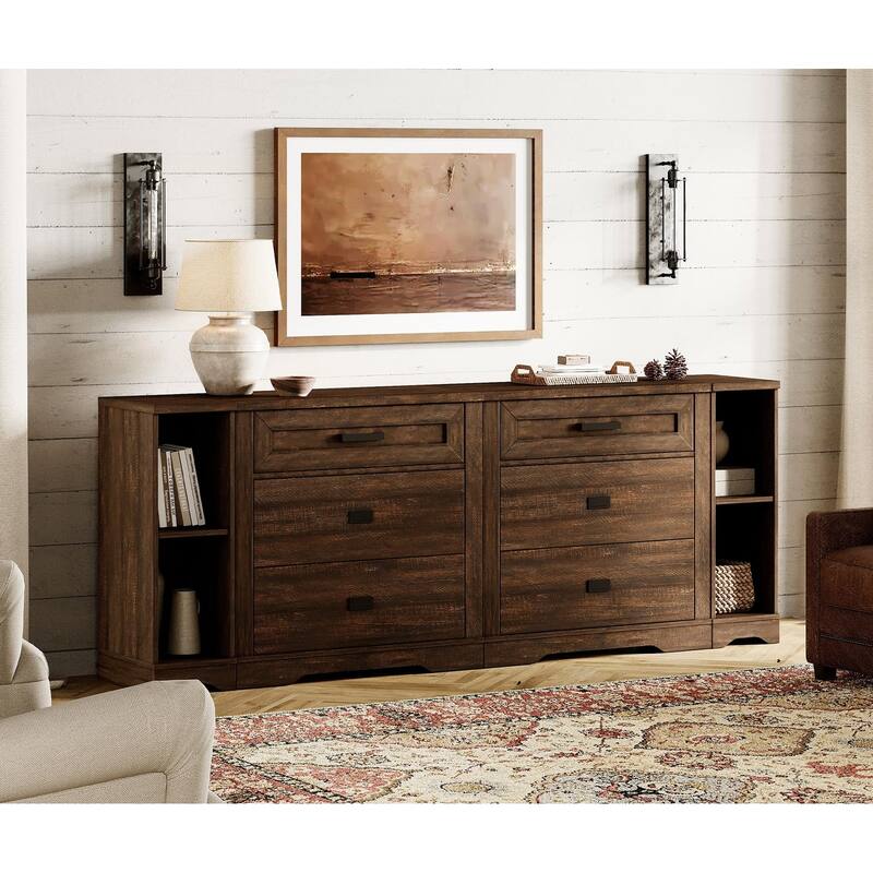 WAMPAT Farmhouse 4 in 1 Dresser TV Stand with 6 Drawers and Open Storage