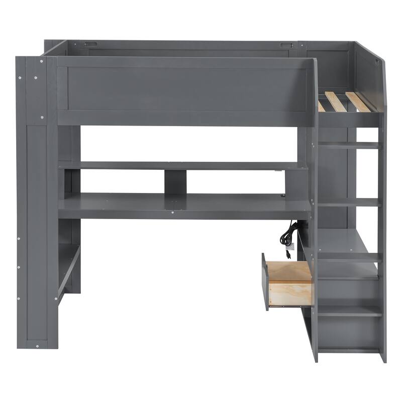 Twin Size Solid Wood MDF Gaming Loft Bed with Desk, Multi-storage Shelves, LED and Charging Station