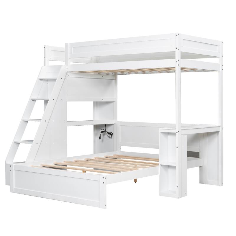 Roomfitters Twin XL Over Full Bunk Bed with Built-In Desk, USB Port and Shelves