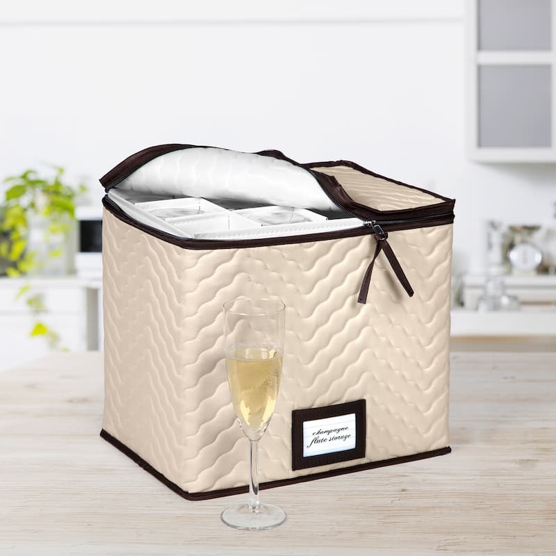 Champagne Flute Storage Box Case - Organizer Chest Holds 12 Stemware Glasses