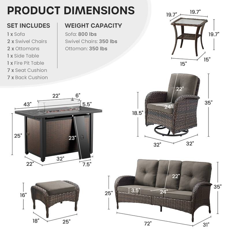 Gymojoy 7-Piece Outdoor Wicker Set with Fire Pit, 3-Seater Sofa, Swivel Chairs & Ottomans