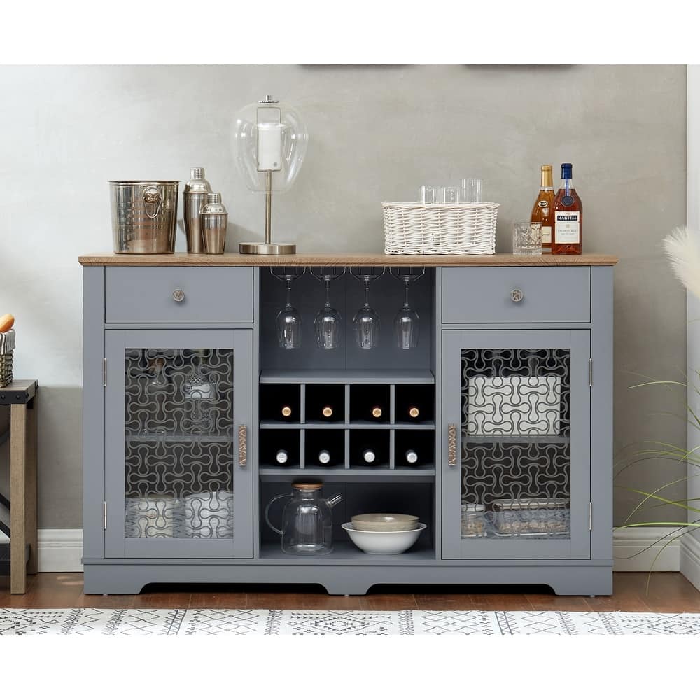 Sideboard Cabinet with Glass Doors, Kitchen Storage Cabinet with 2 Drawers, Coffee Bar Cabinet with Wine and Glass Rack