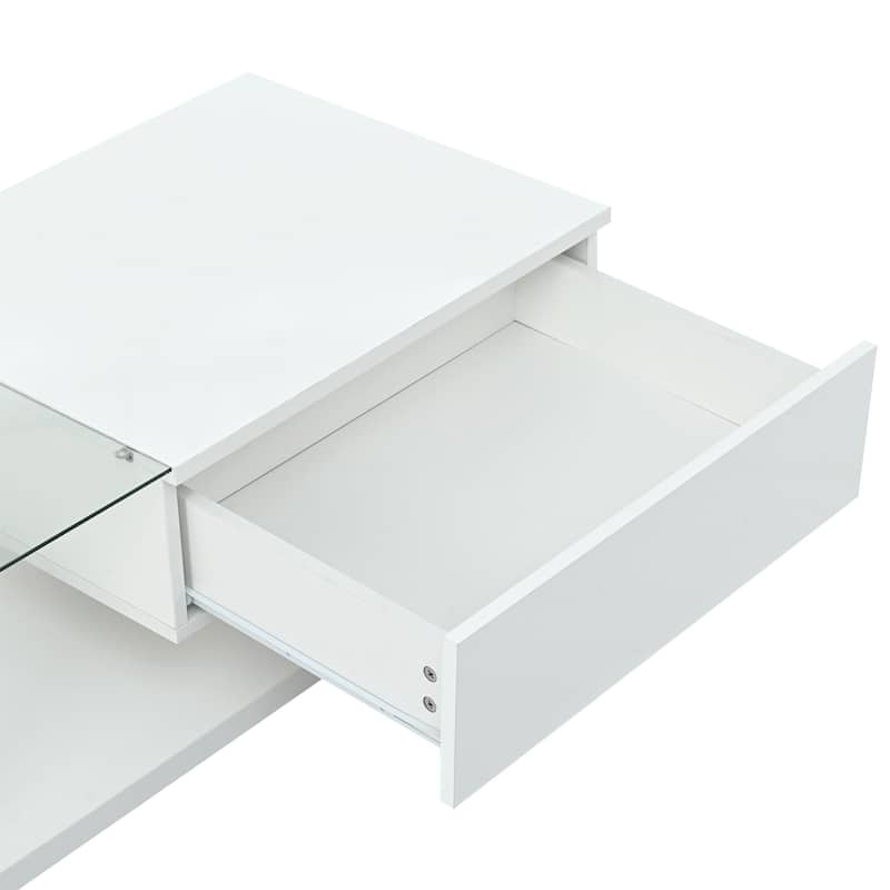 Roomfitters Modern Coffee Table with Tempered Glass Top, High Gloss 2-Tier Rectangle Center Table for Living Room
