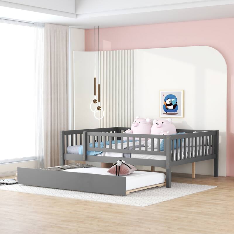 Full Size Wood Daybed with Trundle and Fence Guardrails, Space-Saving Design