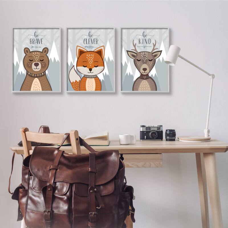 Stupell Be Kind Brave and Clever Phrases Forest Animal, 3pc Multi Piece Framed Wall Art Set