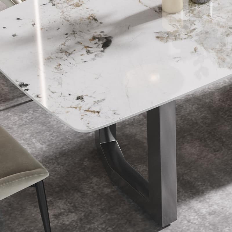 Modern Dining Table, White Sintered Stone Tabletop Rectangular Dining Table with Carbon Steel Base - N/A