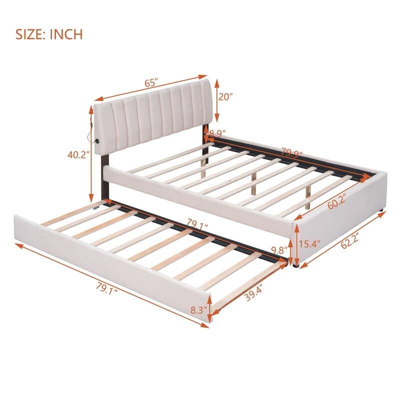 Full/Queen/Twin Teddy Fleece Upholstered Platform Bed with Trundle, LED Lighting, and Storage, Durable Frame, Beige/Grey