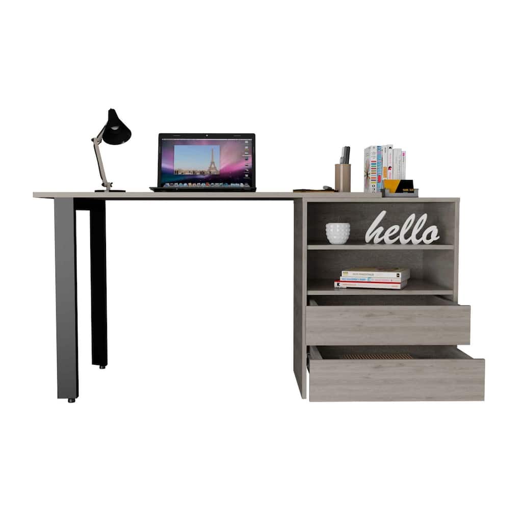 Karachi Desk - Modern Office Writing Table with Drawers & Shelves - Gray Finish
