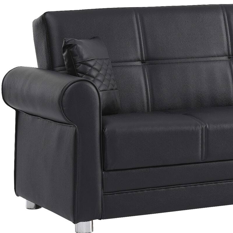 HomeRoots 89" Black Faux Leather Convertible Futon Sleeper Sofa And Toss Pillows With Storage