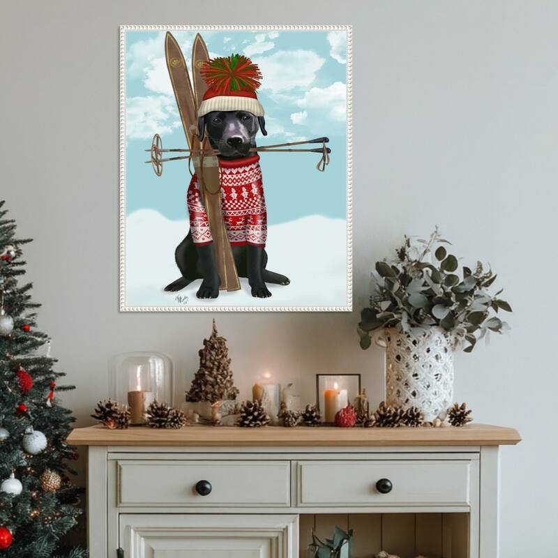 Black Labrador Skiing by Fab Funky (23 x 28 in.), Framed Canvas Wall Art Print - Sylvie Beaded White