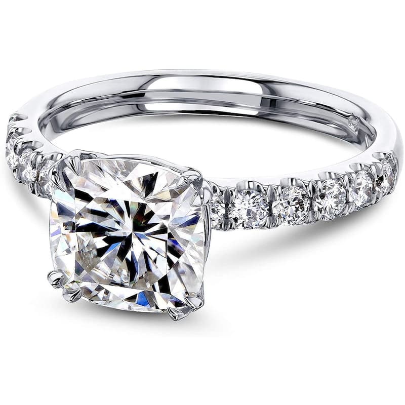 Kobelli 2.4 Carat Moissanite & Diamond 14k Solid Gold Cushion Comfort Fit French Pave Lyon Ring