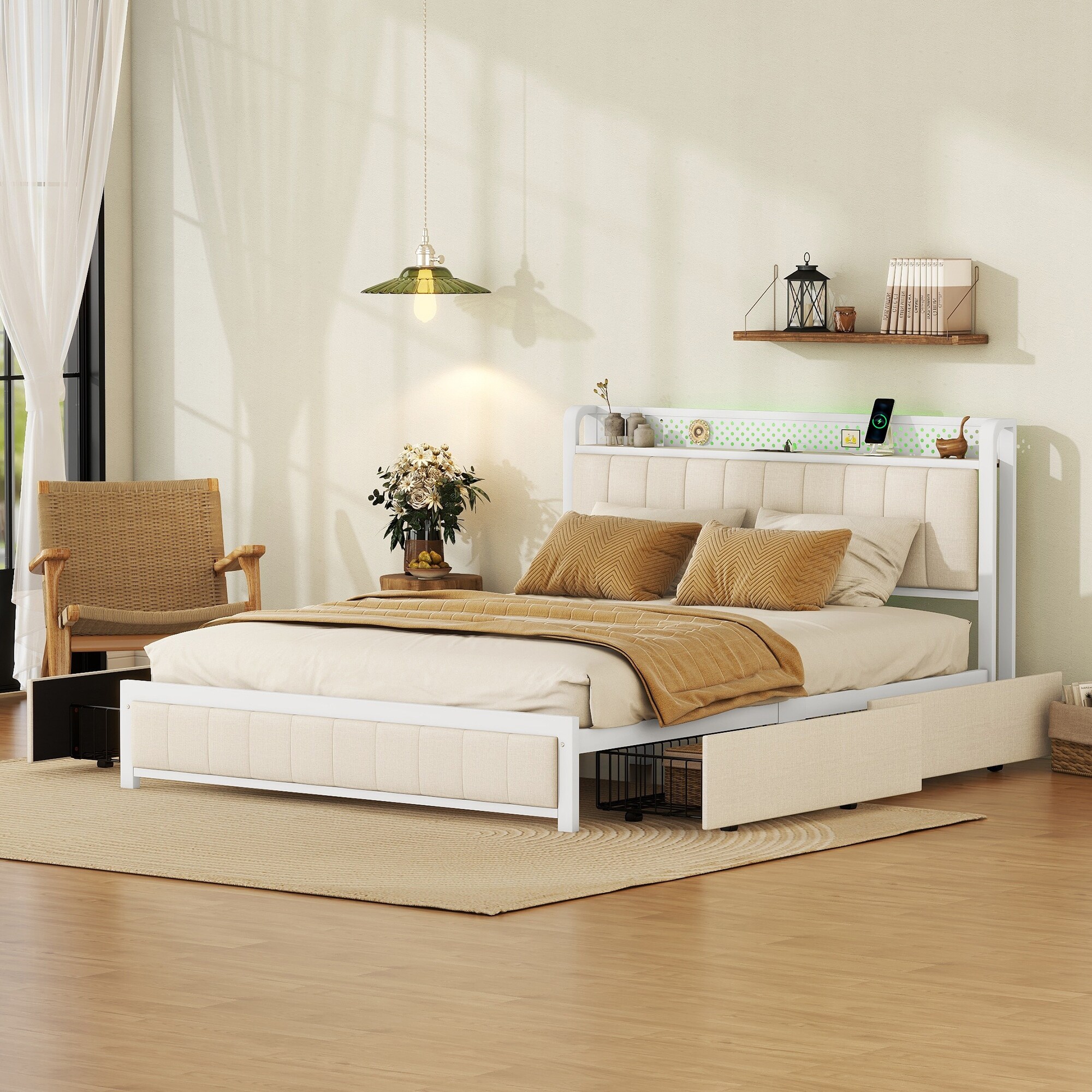 Bed Frame with LED Headboard, Upholstered Bed with 4 Storage Drawers and USB Ports