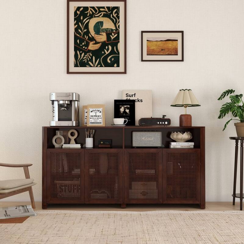 Mid Century Modern 63" Wide 4 - Cane Rattan Door Storage Sideboard with Open Shelf, Wine Bar Credenza for Living Room Entryway